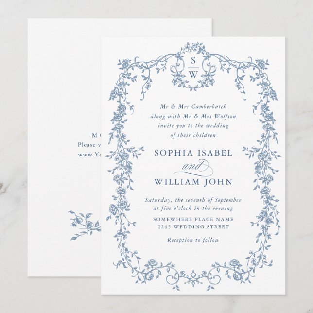Elegant Dusty Blue French Garden Floral Wedding Invitation (Front/Back)