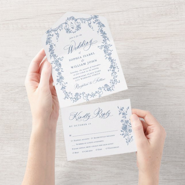 Elegant Dusty Blue French Garden Flowers Wedding All In One Invitation (Tearaway)