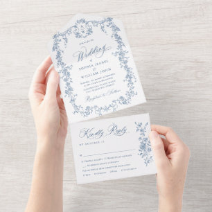 Elegant Dusty Blue French Garden Flowers Wedding All In One Invitation