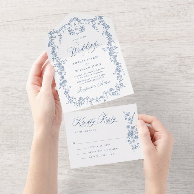 Elegant Dusty Blue French Garden Flowers Wedding All In One Invitation (Tearaway)