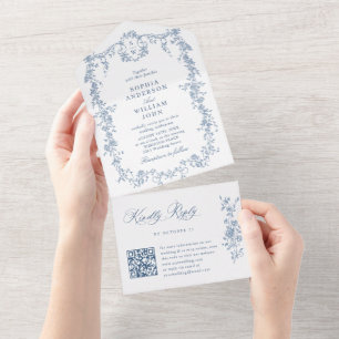 Elegant Dusty Blue French Garden QR code Wedding All In One Invitation