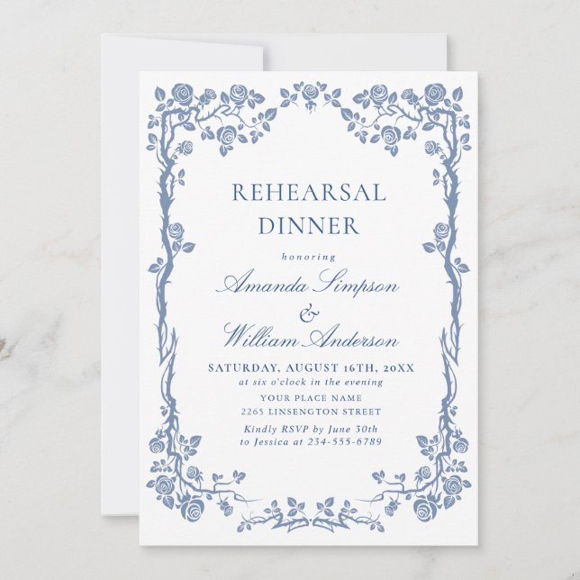 Elegant Dusty Blue French Garden Rehearsal Dinner Invitation (Front)