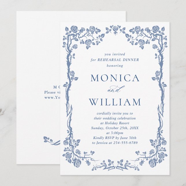 Elegant Dusty Blue French Garden REHEARSAL DINNER Invitation (Front/Back)