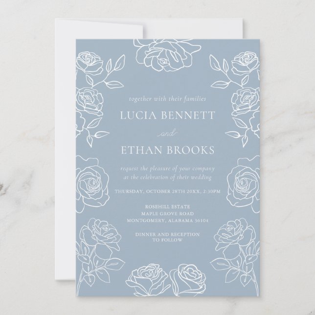 Elegant Dusty Blue French Roses Wedding Invitation (Front)