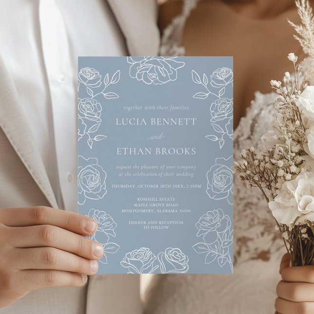 Elegant Dusty Blue French Roses Wedding Invitation (Creator Uploaded)