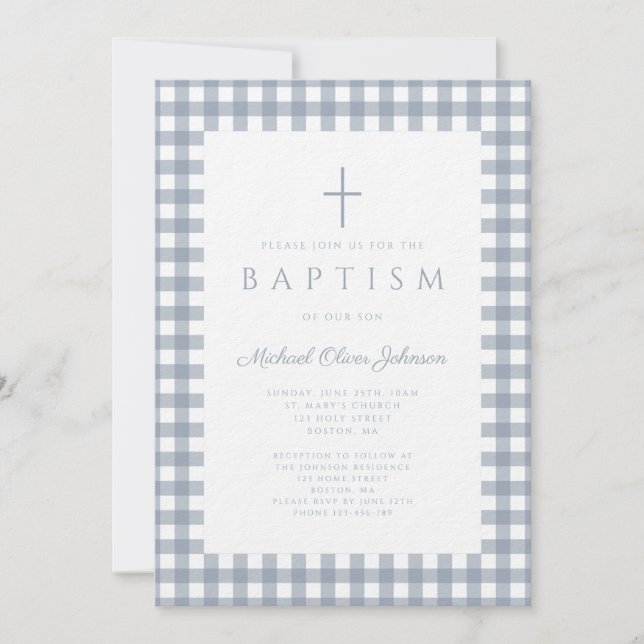 Elegant Dusty Blue Gingham Boy Baptism Invitation (Front)