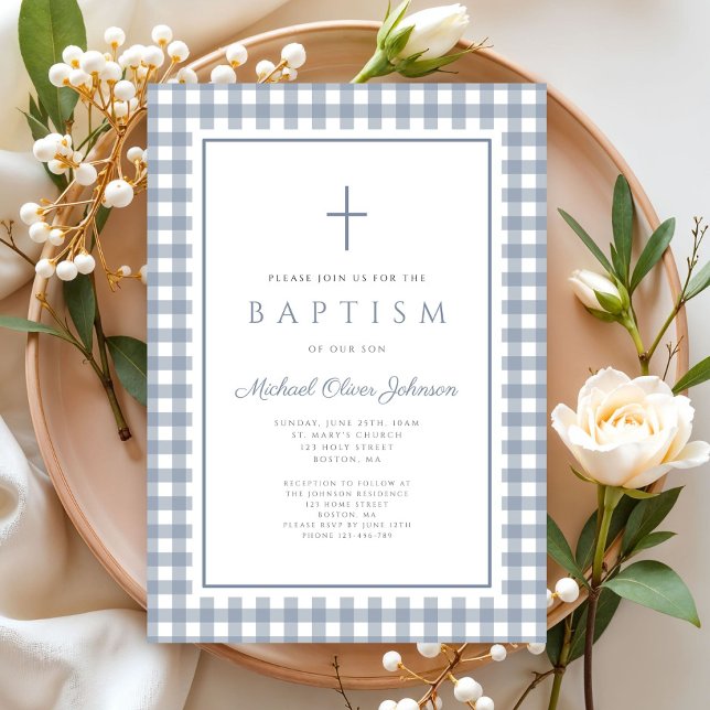 Elegant Dusty Blue Gingham Boy Baptism Invitation (Elegant Dusty Blue Gingham Boy Baptism Invitation)