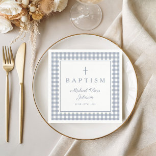 Elegant Dusty Blue Gingham Boy Baptism Napkin