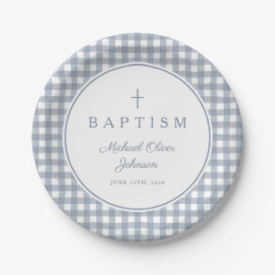Elegant Dusty Blue Gingham Boy Baptism Paper Plate