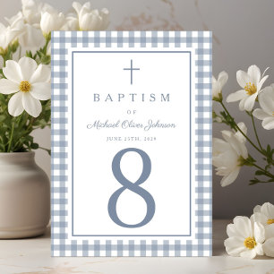 Elegant Dusty Blue Gingham Boy Baptism Table Number