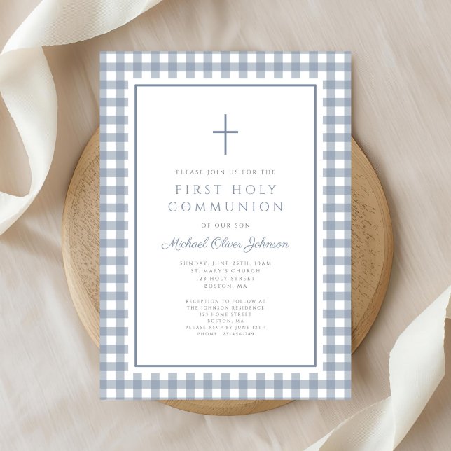 Elegant Dusty Blue Gingham Boy First Communion Invitation (Elegant Dusty Blue Gingham Boy First Communion Invitation)