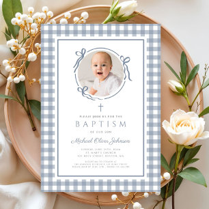 Elegant Dusty Blue Gingham Photo Girl Baptism Invitation