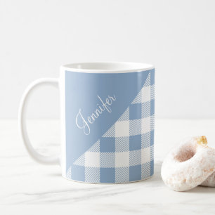 Elegant Dusty Blue Gingham Plaid Pattern Name Coffee Mug