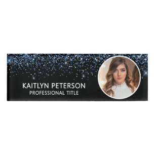 Elegant Dusty Blue Glitter Employee Photo ID Name Tag