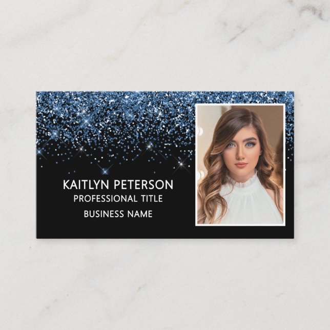 Elegant Dusty Blue Glitter Photo QR Code  Business Card (Front)