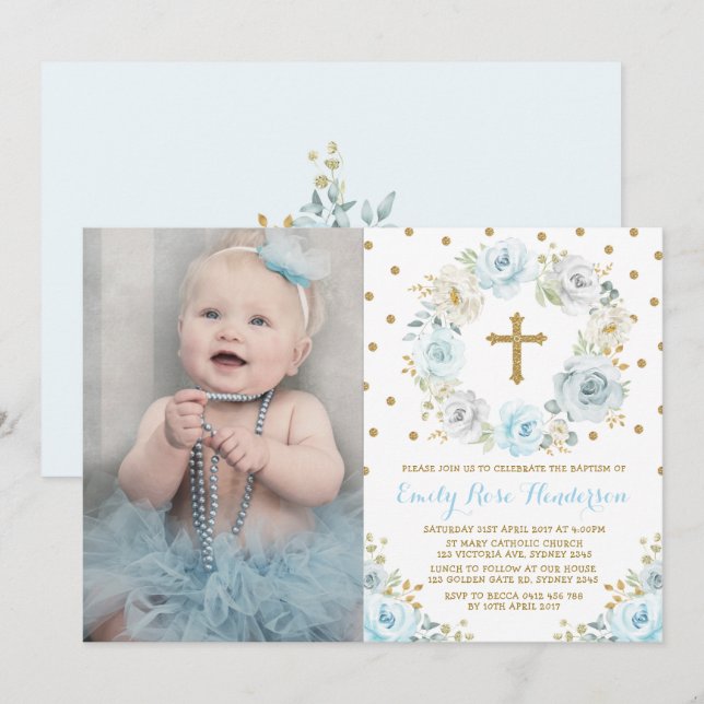 Elegant Dusty Blue Gold Floral Baptism Communion Invitation (Front/Back)