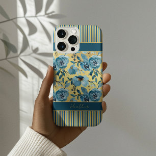Elegant Dusty Blue Gold Floral Stripe Monogram iPhone 15 Pro Max Case