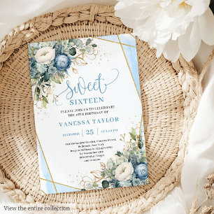Elegant dusty blue gold floral sweet 16 invitation