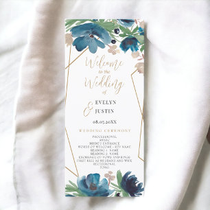 Elegant dusty blue gold Floral Wedding program Programme