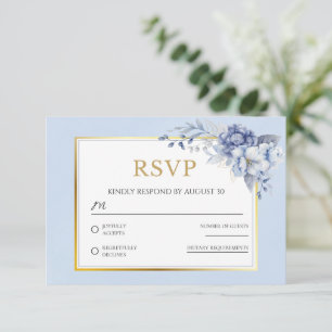 Elegant Dusty Blue gold Floral Wedding RSVP Card