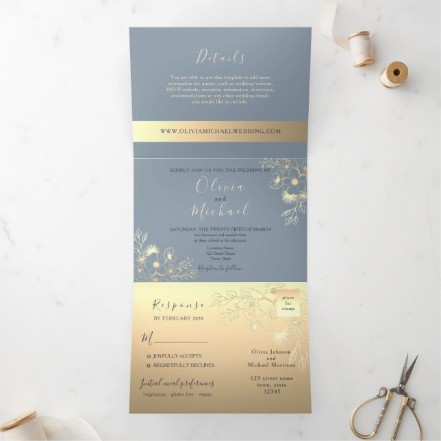 Elegant Dusty Blue Gold Floral Wedding Tri-Fold Invitation (Inside)