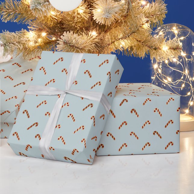 Elegant dusty blue gold foil cute candy cane wrapping paper (Holidays)