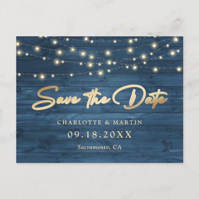 Elegant Dusty Blue Gold Foil Wood Save The Date Announcement Postcard (Front)