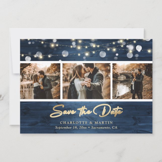 Elegant Dusty Blue Gold Foil Wood Wedding Photo Save The Date (Front)