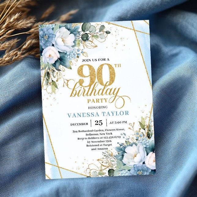 Elegant dusty blue gold frame 90th birthday invite (Elegant dusty blue gold frame 90th birthday invitation)