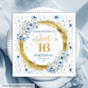 Elegant Dusty Blue Gold Glitter Sweet Sixteen Napkin