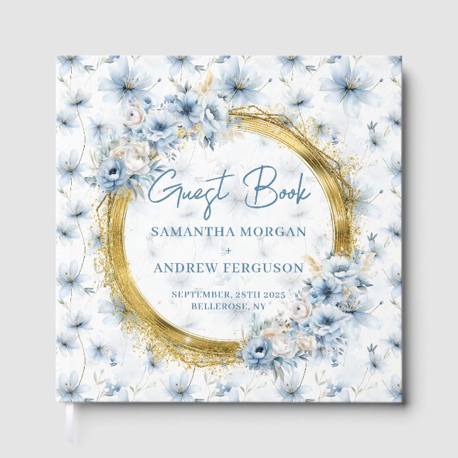Elegant Dusty Blue Gold Glitter Wedding Guest Book (Front)