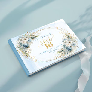 Elegant Dusty Blue Gold Greenery Sweet Sixteen Guest Book