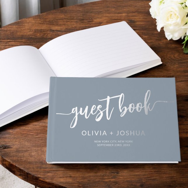 Elegant Dusty Blue Gold Modern Minimalist Guest Book (Creator Uploaded)