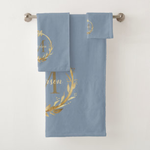 Elegant Dusty Blue Gold Monogram Eucalyptus Wreath Bath Towel Set