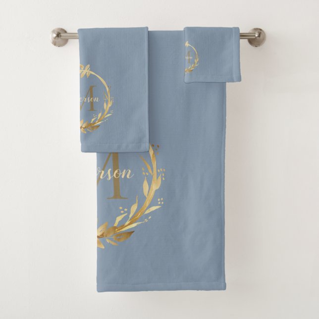 Elegant Dusty Blue Gold Monogram Eucalyptus Wreath Bath Towel Set (Insitu)
