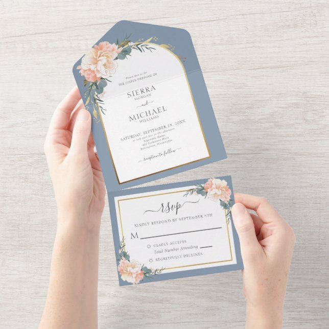 Elegant Dusty Blue Gold Peach Cream Floral Wedding All In One Invitation (Tearaway)