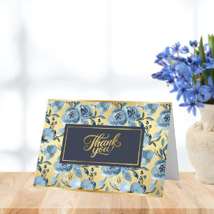 Elegant Dusty Blue Gold Rose Floral Personalise Thank You Card