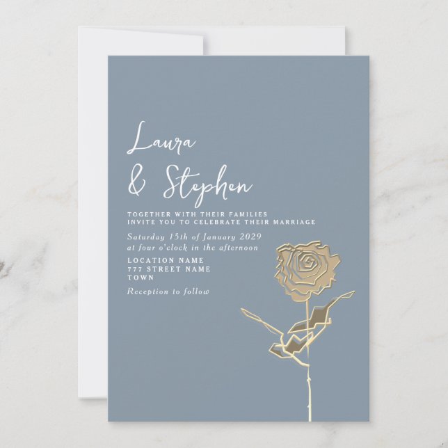 Elegant Dusty Blue Gold Rose Wedding Invitation (Front)