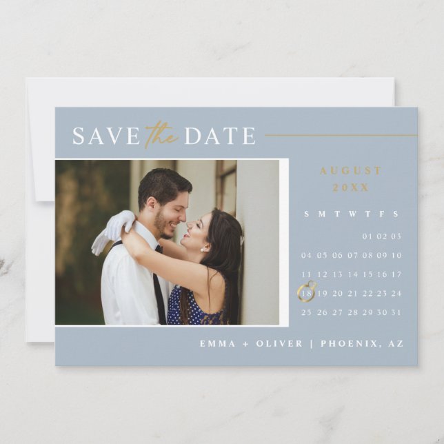 Elegant Dusty Blue Gold Save the Date Calendar Invitation (Front)
