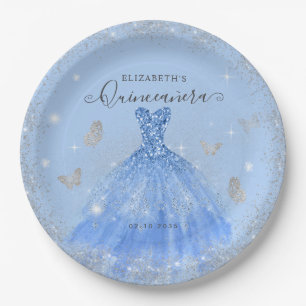 Elegant Dusty Blue Gray Glitter Gown Quinceañera Paper Plate