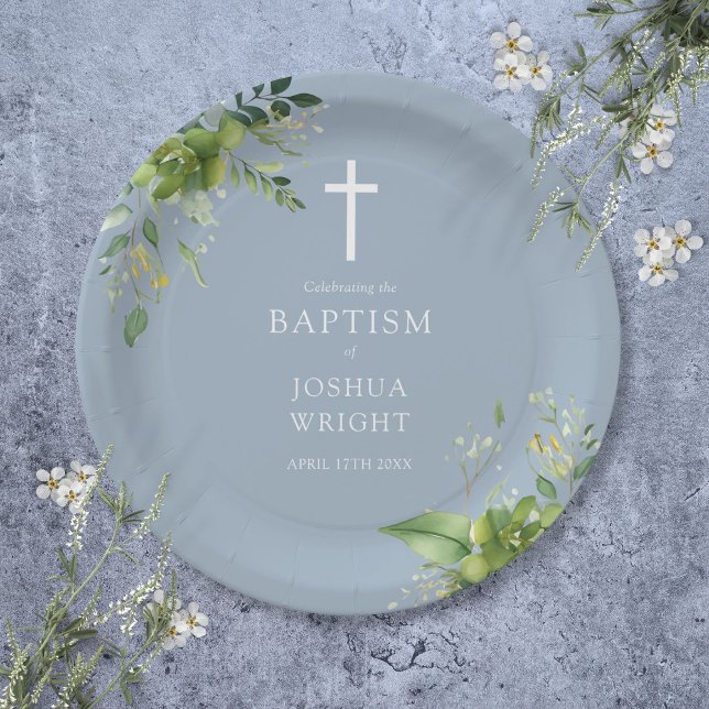 Elegant Dusty Blue Greenery Baptism Christening Paper Plate (Elegant Dusty Blue Greenery Baptism Christening Paper Plates)