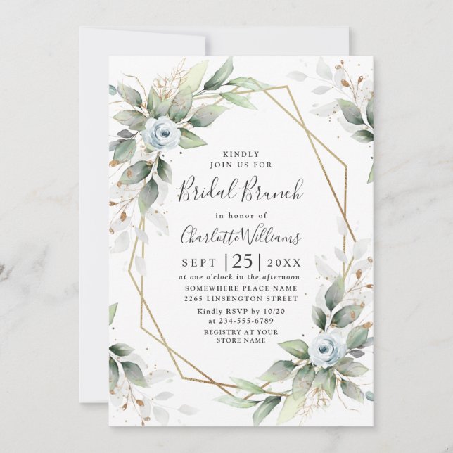 Elegant Dusty Blue  Greenery Bridal Brunch Invitation (Front)