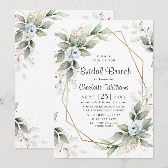 Elegant Dusty Blue  Greenery Bridal Brunch Invitation (Front/Back)