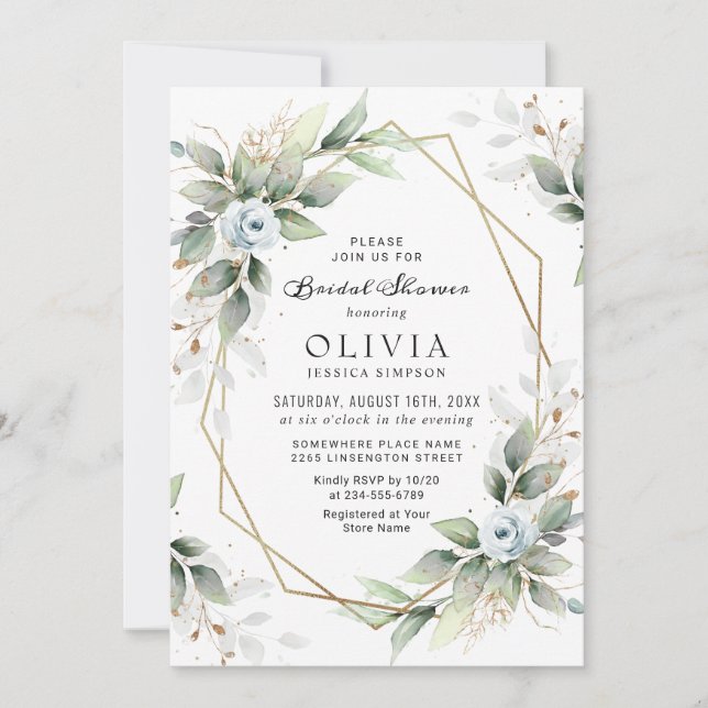 Elegant Dusty Blue  Greenery Bridal Shower Invitation (Front)