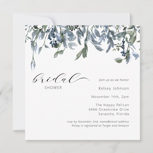 Elegant Dusty Blue Greenery Bridal Shower Invitation (Front)