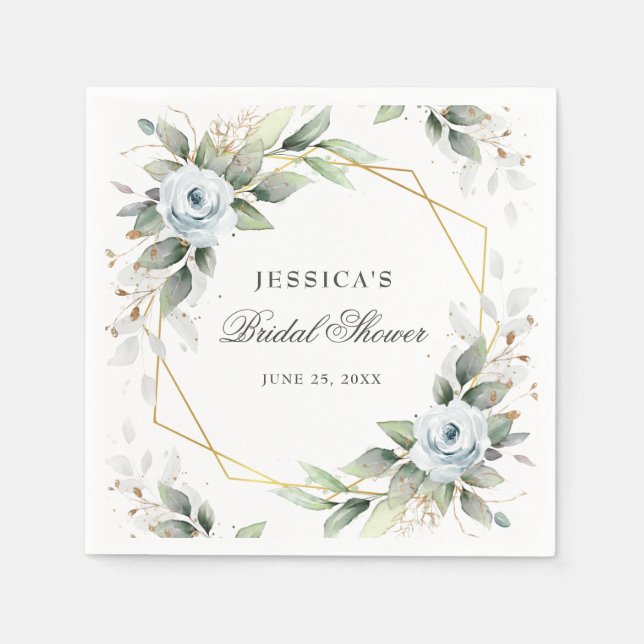 Elegant Dusty Blue Greenery Bridal Shower Paper Napkin (Front)
