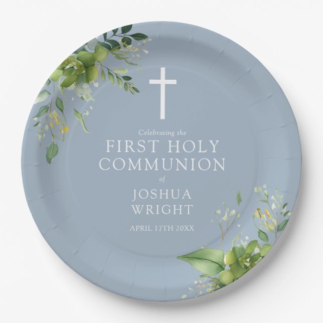 Elegant Dusty Blue Greenery First Holy Communion Paper Plate (Front)