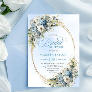 Elegant Dusty Blue Greenery Gold Bridal Shower  Invitation