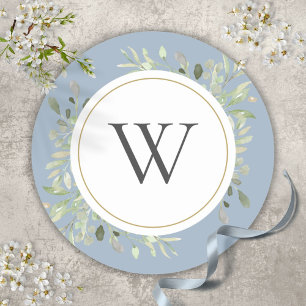 Elegant Dusty Blue Greenery Monogram Initial Classic Round Sticker
