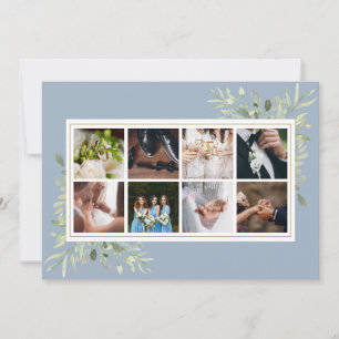 Elegant Dusty Blue Greenery Photo Collage Wedding Thank You Card